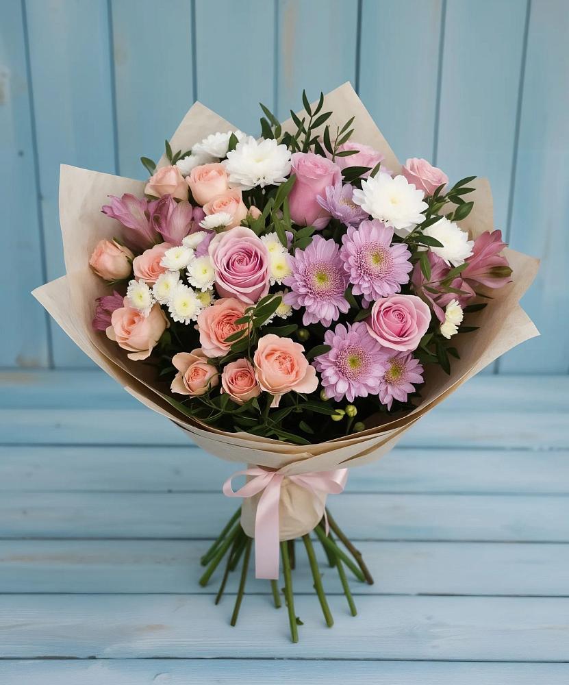 Букет цветов из: Хризантемы, Розы и Альстромерии в Марёво