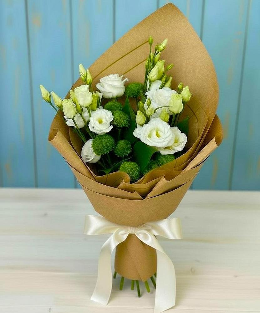 Букет цветов из: Хризантемы и Лизиантусы в Марёво