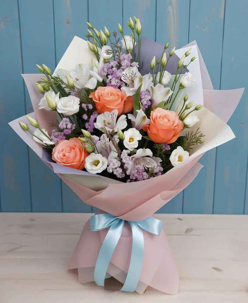 Букет цветов из: Лизиантусы, Розы, Альстромерии и Гипсофила в Марёво