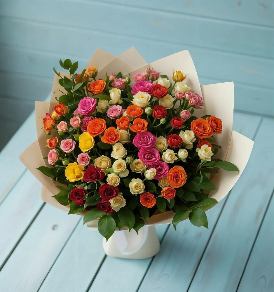 Букет Микс из разноцветных кустовых роз в Марёво